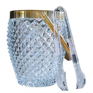 Vintage‎ 1960s Diamond Cut Crystal Ice Bucket Gold Metal Rim and Handle 26oz
